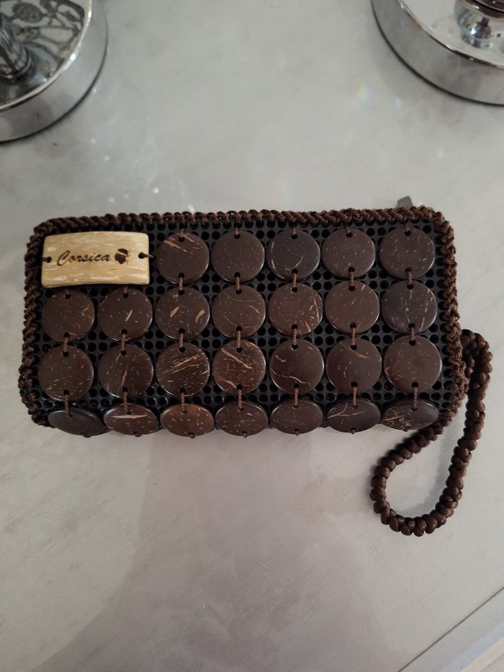 Vintage Corsica Coconut Shell Disc Wristlet Clutch Wallet